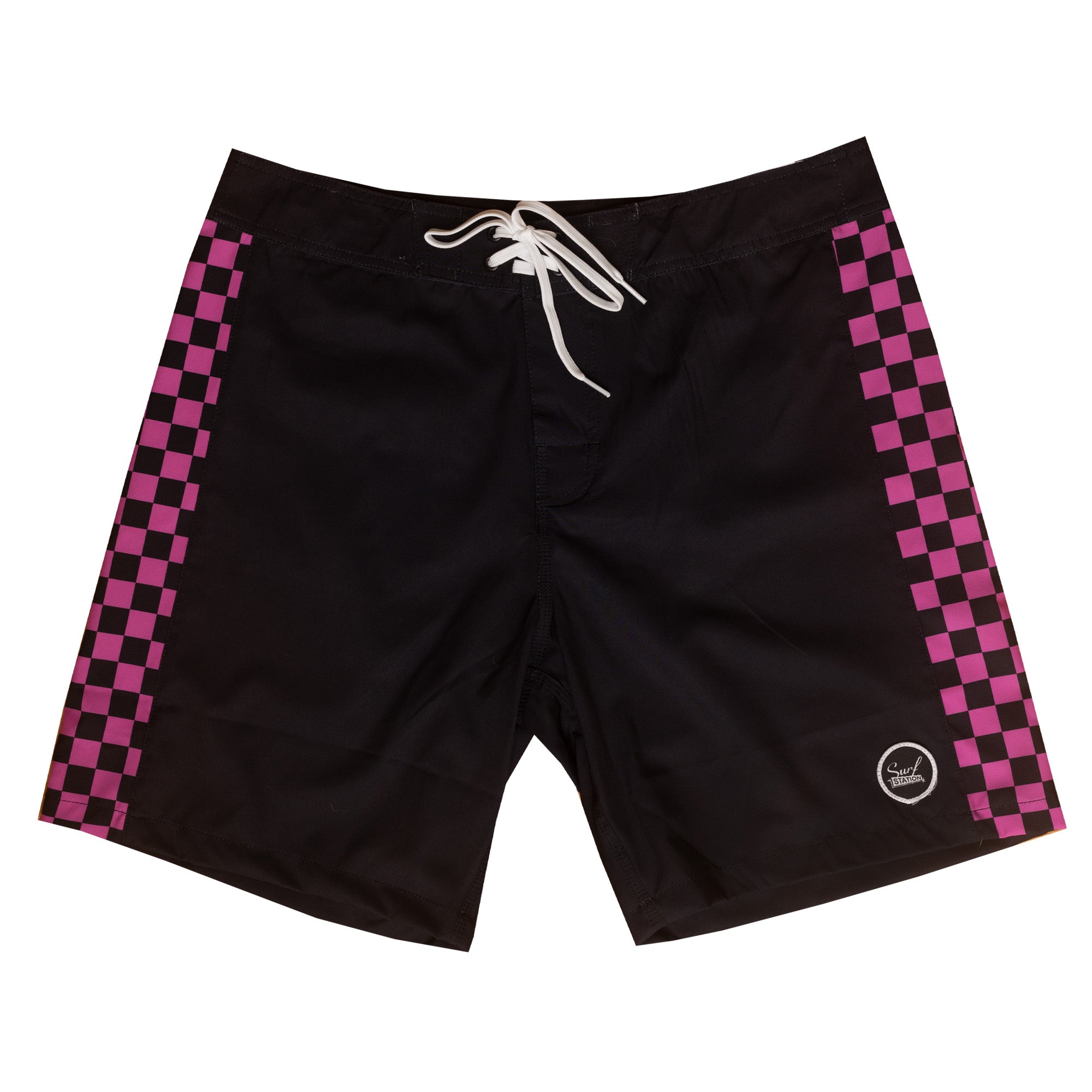 Surf Station Raya 18" Men's Boardshorts - Black/Pink Checkered