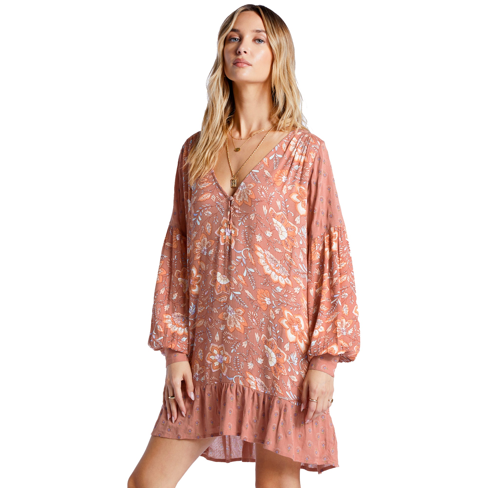 Billabong Free As Can Be Babydoll Women's L/S Dress - Rose