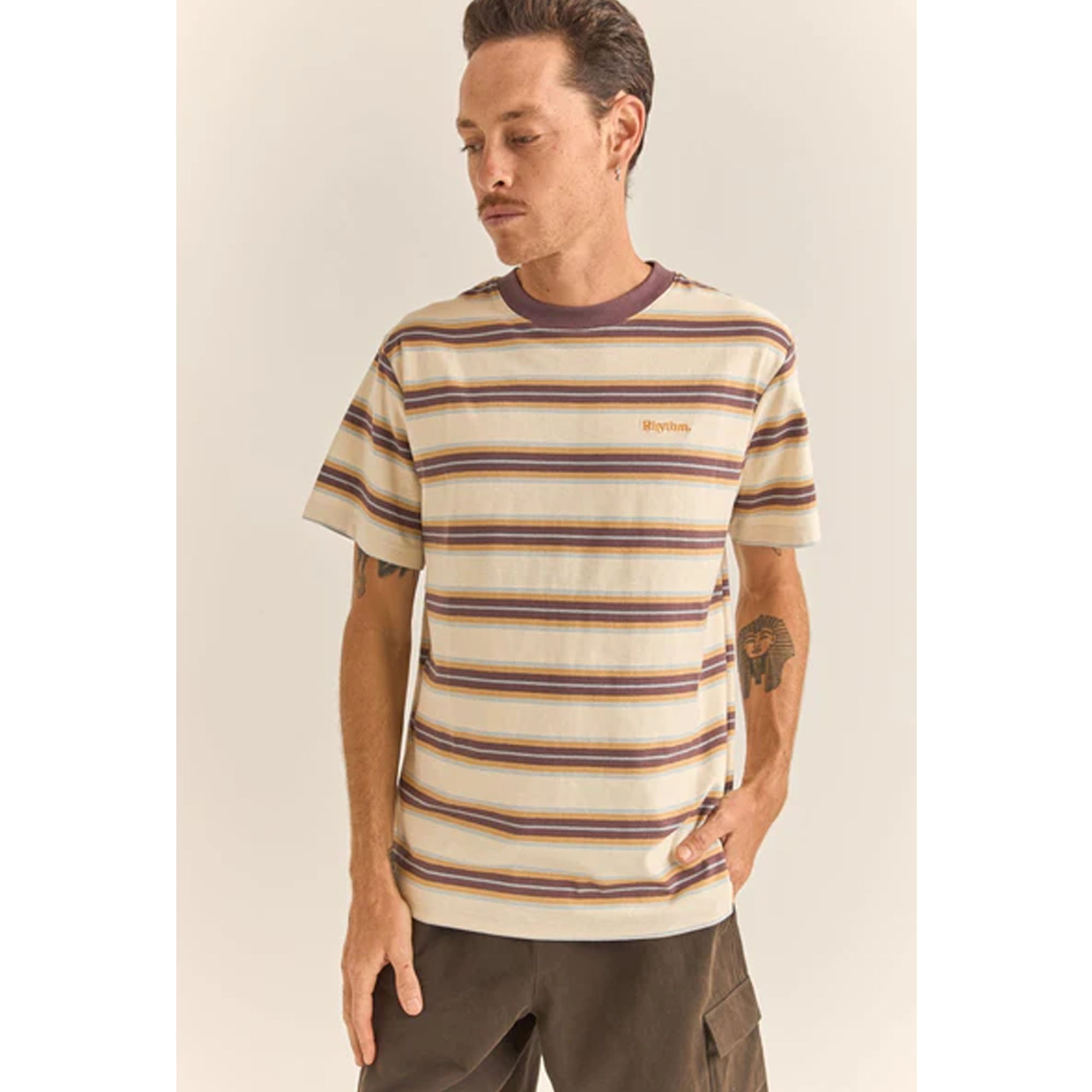 Rhythm Everyday Stripe Men's S/S T-Shirt - Latte