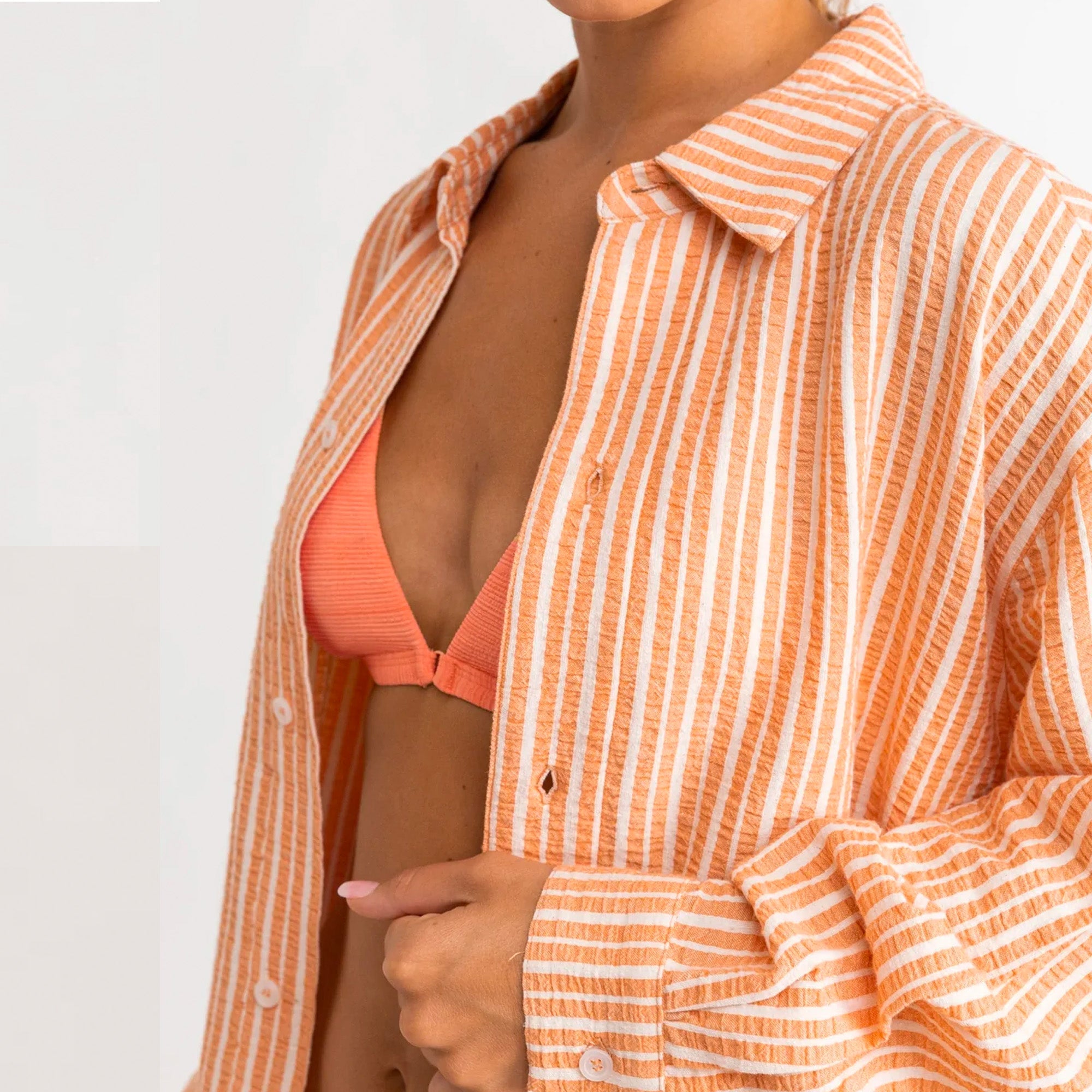 Rhythm Striped Oversized Women's L/S Shirt - Orange